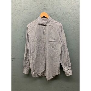 Loro Piana Button Down Shirt Brown‎ Blue White Check 100% Cotton Italy Large